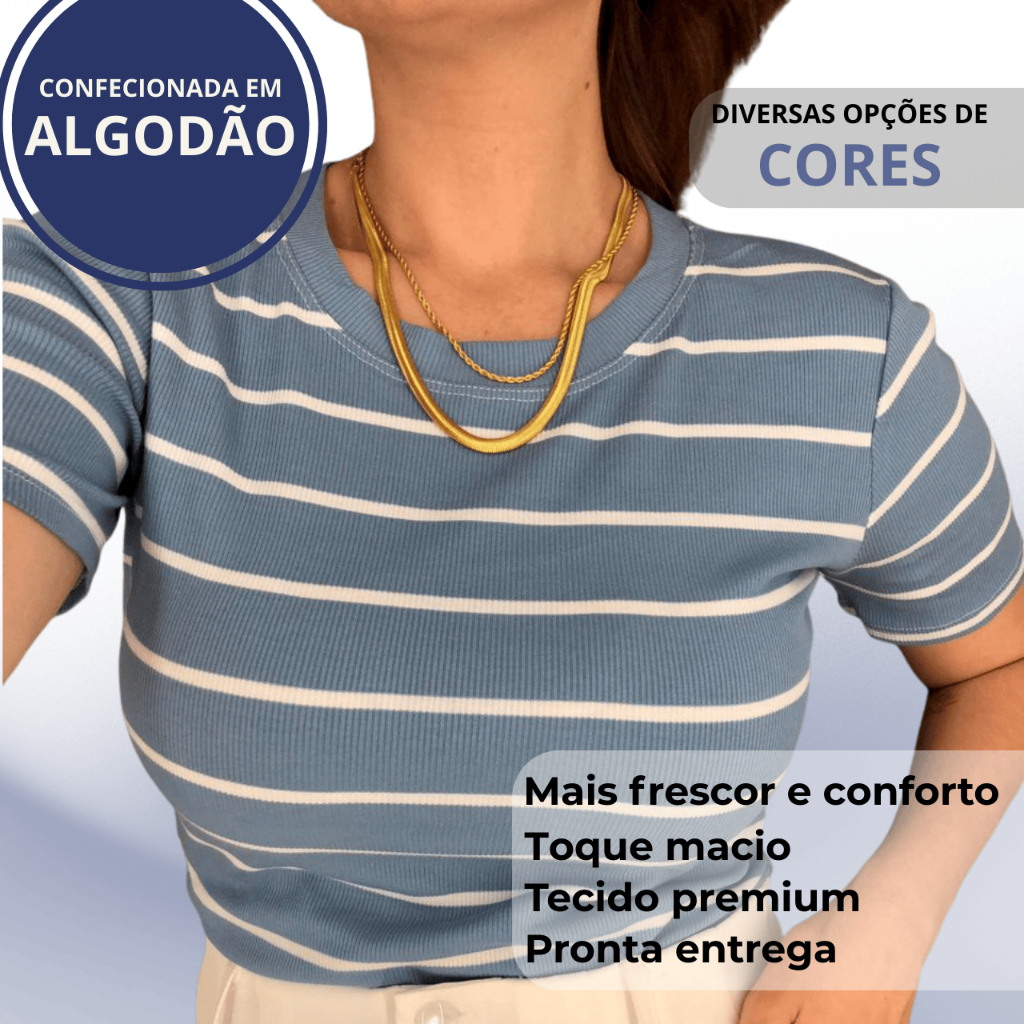 Blusa Feminina Ribana Algodão com Elastano Manga Curta Gola Redonda Listrada em Oferta na Shopee