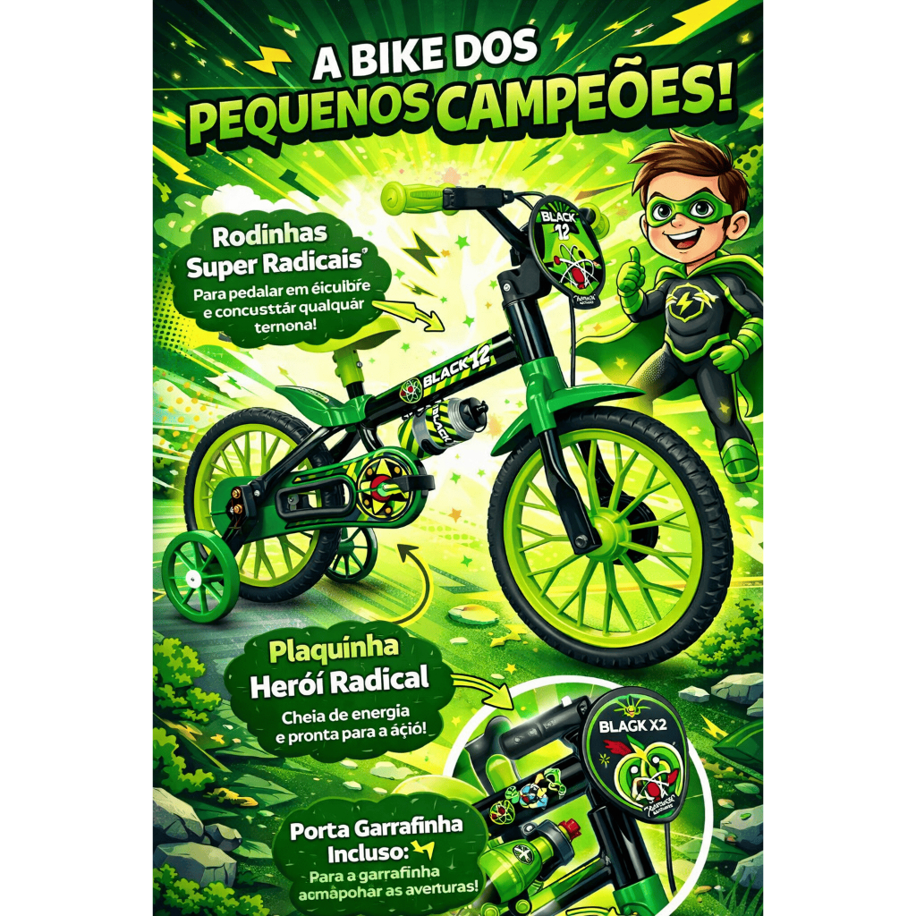 Bicicleta Infantil Aro 12 com rodinhas Nathor Black de 3 a 5 anos