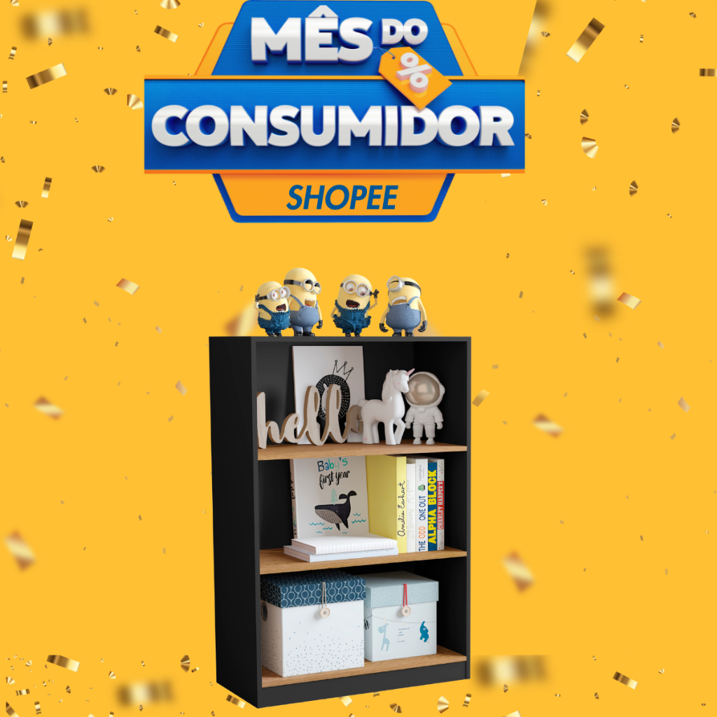 Estante Organizador Livreiro Multiuso Prateleira  Para Sala  Quarto Escritório Star Preto/ Nature