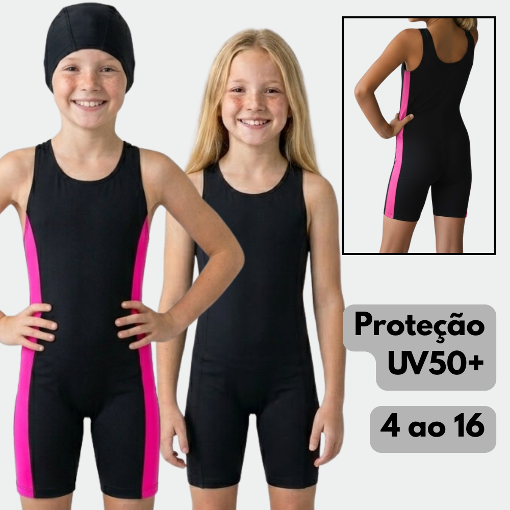 Maiô Infantil Feminino Macaquinho Juvenil Para Praia e Piscina Com Perninha em Suplex + Touca Proteção UV50+ do 4 ao 16 em Oferta na Shopee