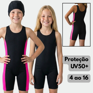 Maiô Infantil Feminino Macaquinho Juvenil Para Praia e Piscina Com Perninha em Suplex + Touca Proteção UV50+ do 4 ao 16 em Oferta na Shopee