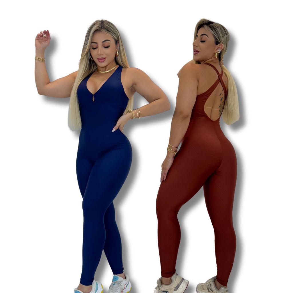 Macacão Fitness Academia Feminino Leg Longo Fitness Cruzadas Nas Costas Liso