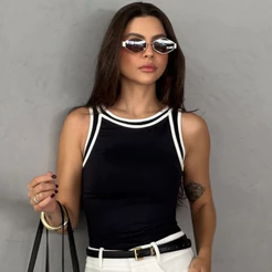 Regata Feminina Blusa Básica Bicolor Confortável Gola Redonda