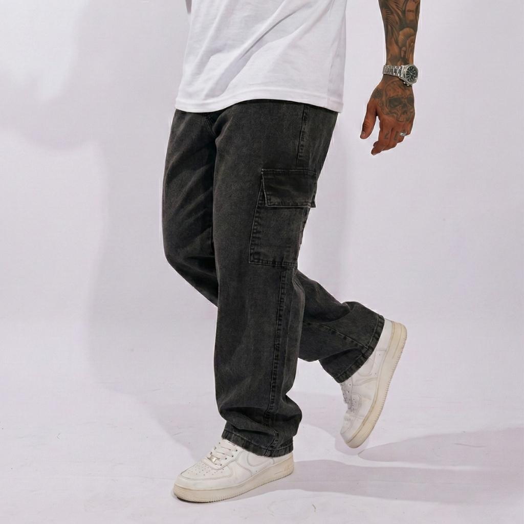 Calça Jeans Cargo Masculina Streetwear Preta Mescla