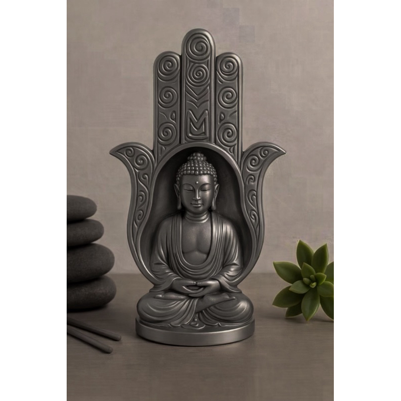 Imagem Buda na Mão de Hamsá Decorativa | Estátua Zen Espiritual para Meditação, Proteção e Harmonia | Decoração Mística