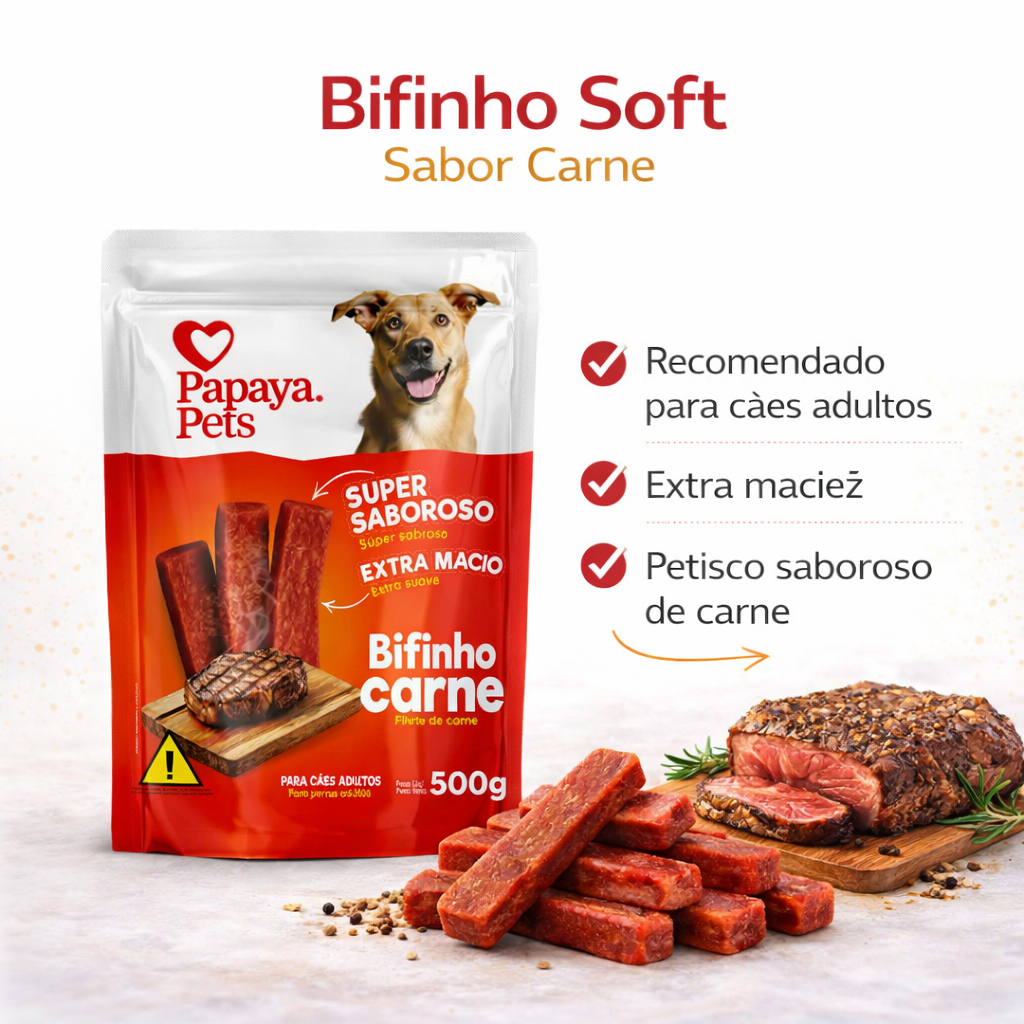 Petisco Cães Adultos Saboroso Bifinho Carne Papaya Pets