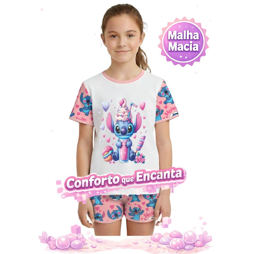 Pijama infantil Feminino Stitch Estampado Personagem Barato Premium Bonito Diferenciado Presente