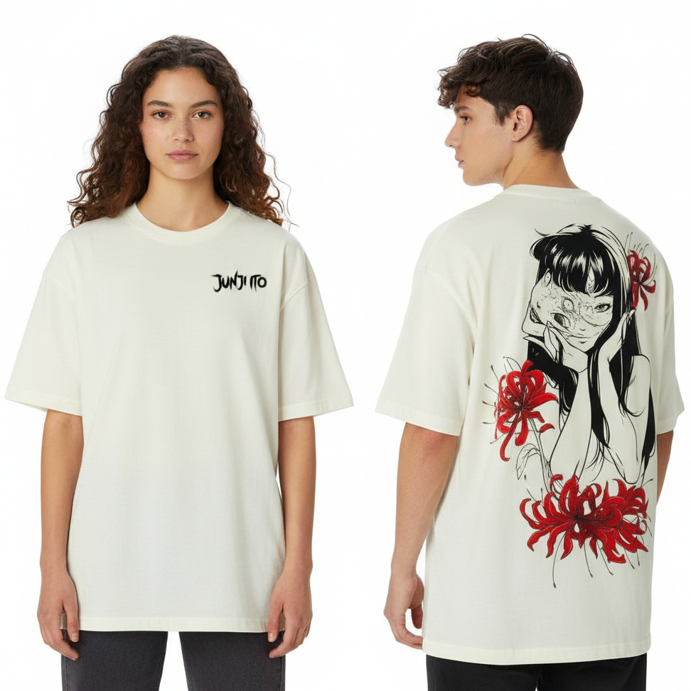 Camiseta Masculina e Feminina Oversized Tomie Junji Ito Flowers Algodão 30.1 Penteado Geek em Oferta na Shopee