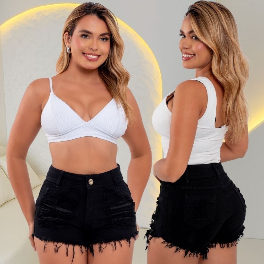 Short Jeans Feminino Detonado Desfiado Cintura Alta Preto Branco e Variados. em Oferta na Shopee