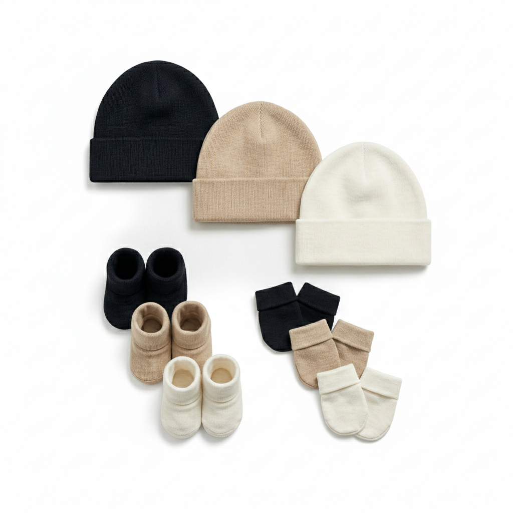 Kit Enxoval Bebê 9 Peças - Touca, Luva e Pantufa 100% Algodão Suedine Maternidade Enxoval Menino e Menina