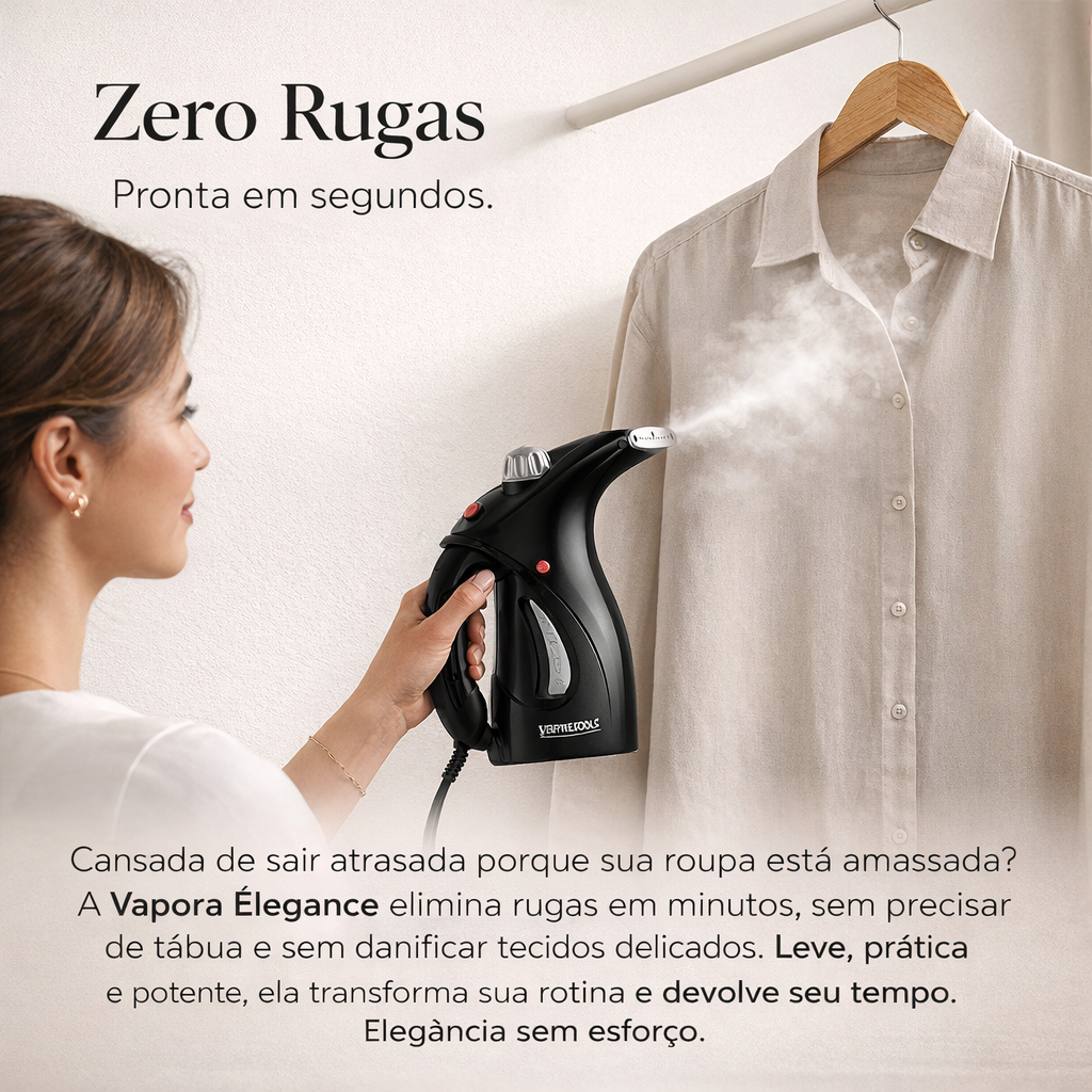 Passadeira a Vapor Portátil Preta Vapora Élégance – Alisa Roupas Sem Ferro, Antirrugas, Compacta e Fácil de Usar