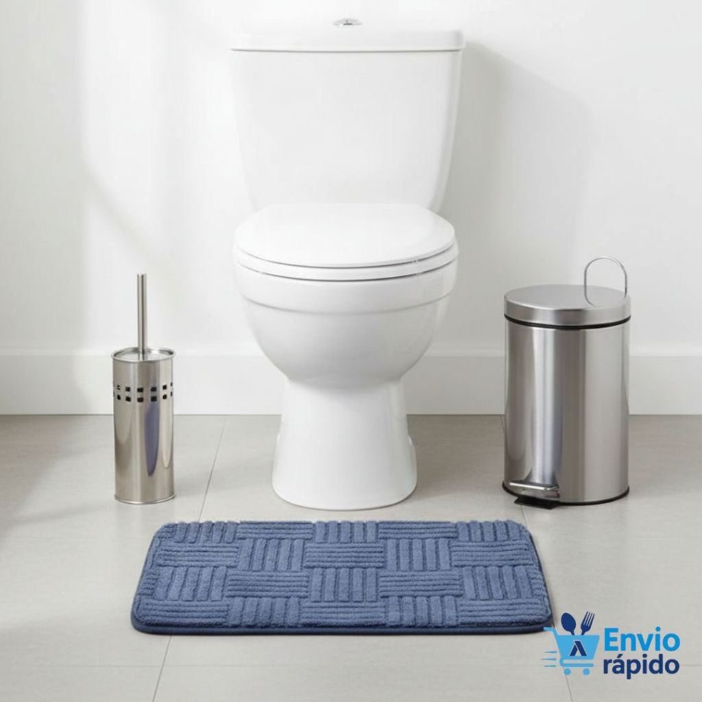 Kit c/ Lixeira 5 Litros Escova Sanitária c/ Suporte Tapete Retangular Banheiro Completo