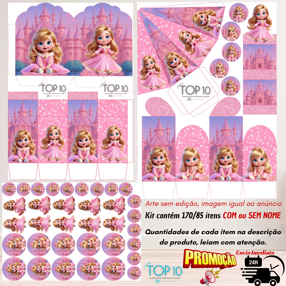 Kit de Lembrancinhas Personalizadas com 170/85 itens TEMA: AURORA BABY IA - Envio rápido
