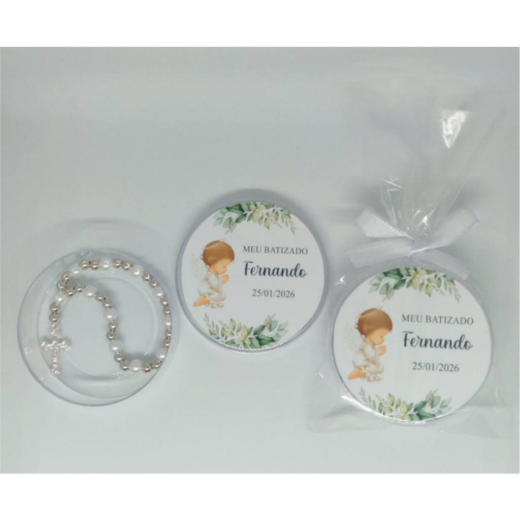 Lembrancinha Latinha com Mini Terço Batizado Menino Kit com 10 unidades