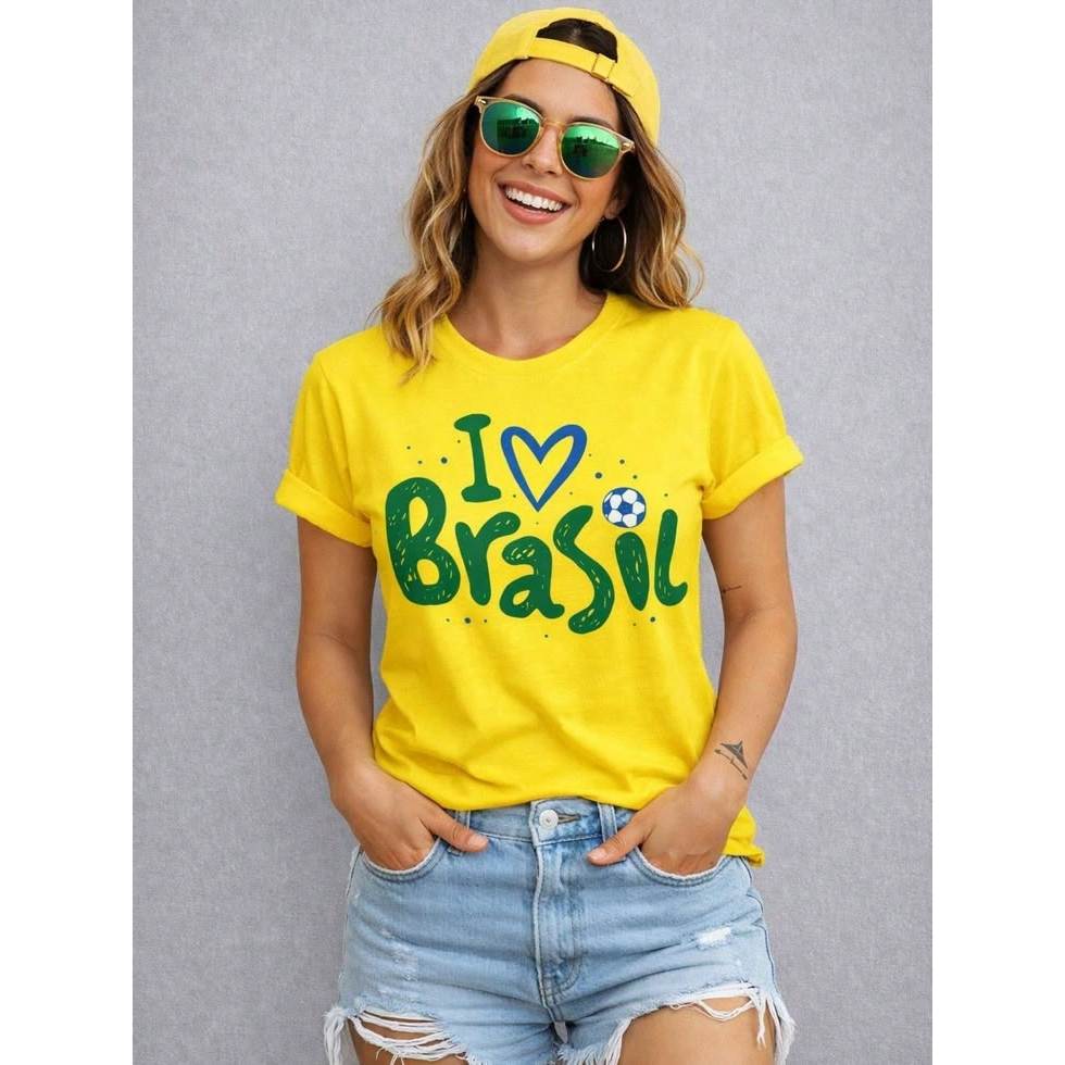 Camiseta Feminina Estampada Brasil Copa Do Mundo Futebol Brasileirão Time Jogo Blusa Camisa 100% Algodão Adulto Infantil