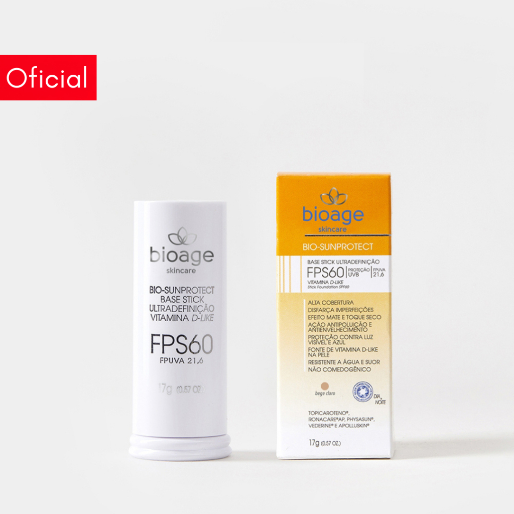 Protetor Solar Facial em Base Stick FPS 60 com Vitamina D-like Bege Claro 17g - Bioage
