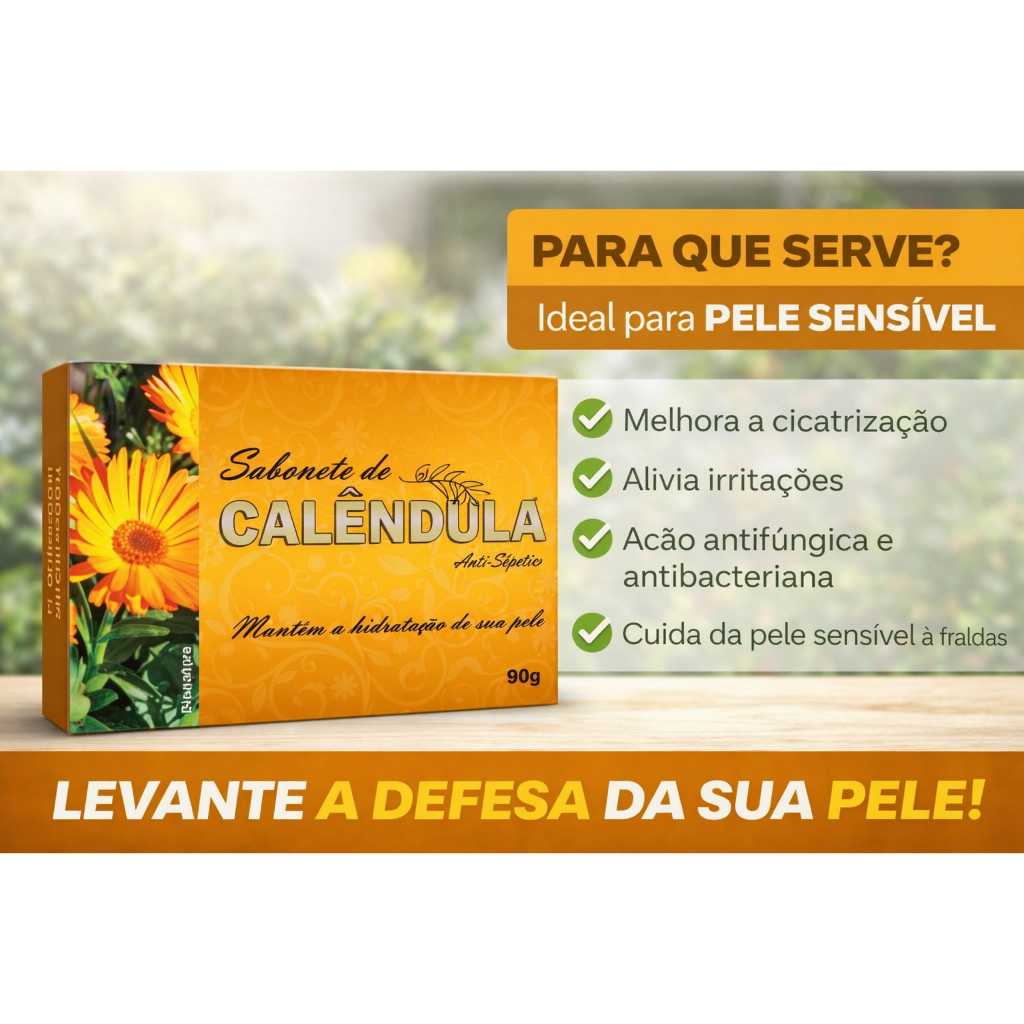 Kit 3 Sabonetes de Calêndula 90g – Anti-Séptico Natural, Cicatrizante e Hidratante para Pele Sensível