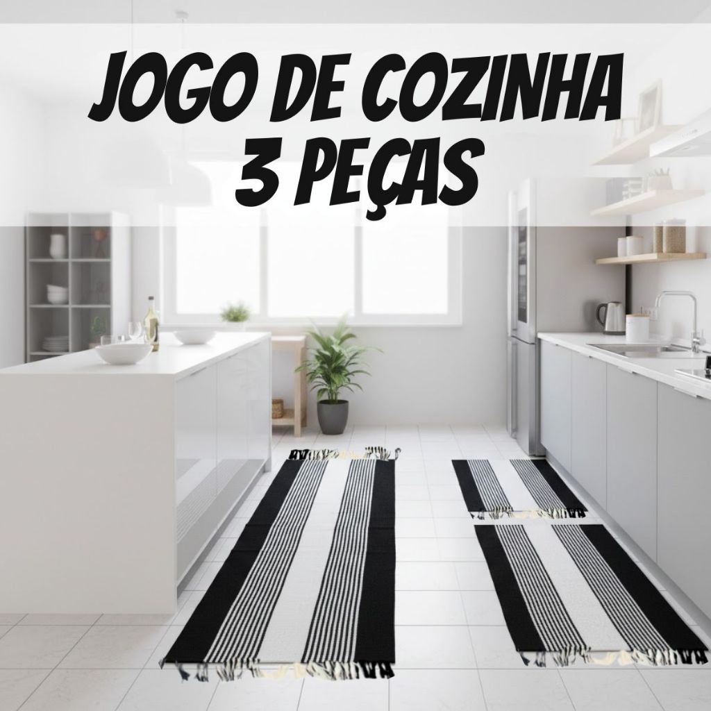 Kit Tapetes Cozinha 3 Peças Mesma Cor 1 Passadeira 40x100cm + 2 Tapetes 40x60cm Decorativo Antiderrapante