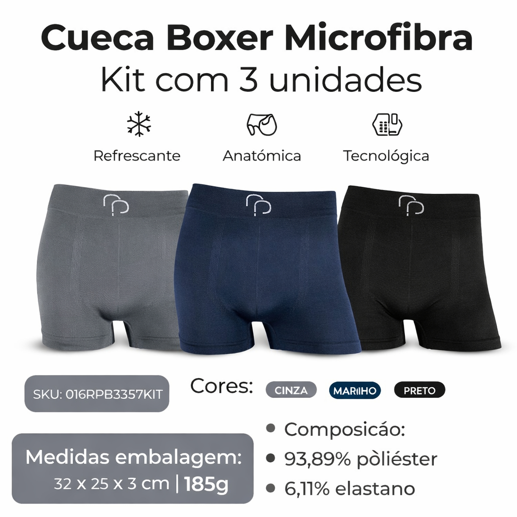 Kit 3 Cuecas Boxer Masculina Microfibra Adulto Conforto Sem Costura Rafa Parize
