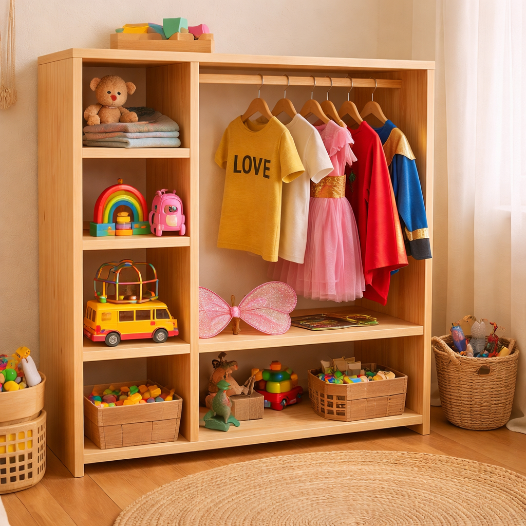 Guarda Roupa Infantil de Madeira Montessori Closet para Roupas Sapatos e Fantasias