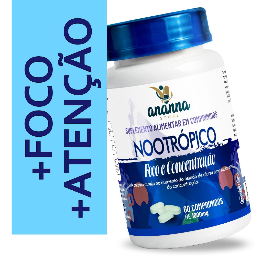 Nootropico Foco Concentração 60comp 1000mg c/ Cafeina Taurina Coenzima Q10 Inositol Vitamina B6