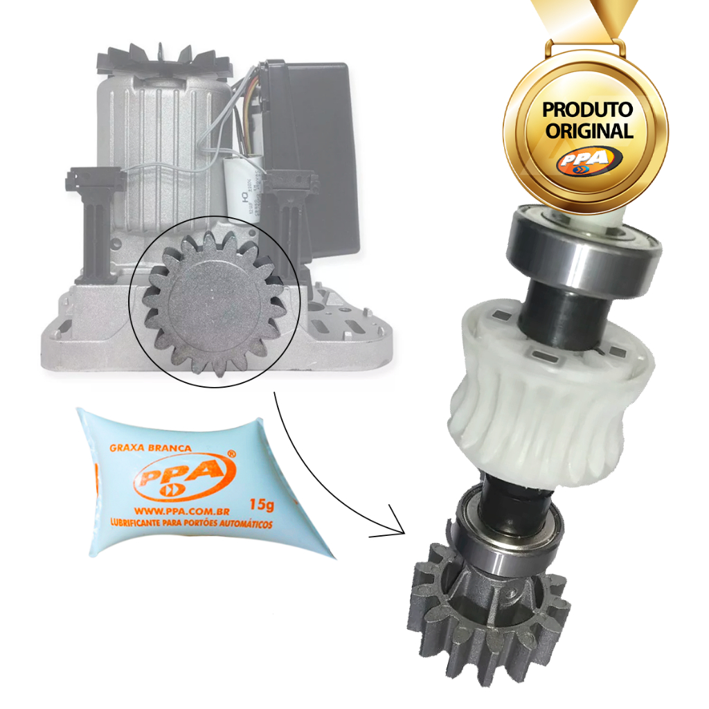 Kit Residencial Eixo Coroa Z23 Engrenagem Z18 Rolamento + Graxa Marca PPA