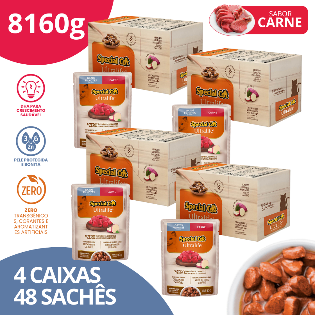Kit 4 Caixa 12 Sachê Special Cat Ultralife Filhotes Sabor Carne - 85g em Oferta na Shopee