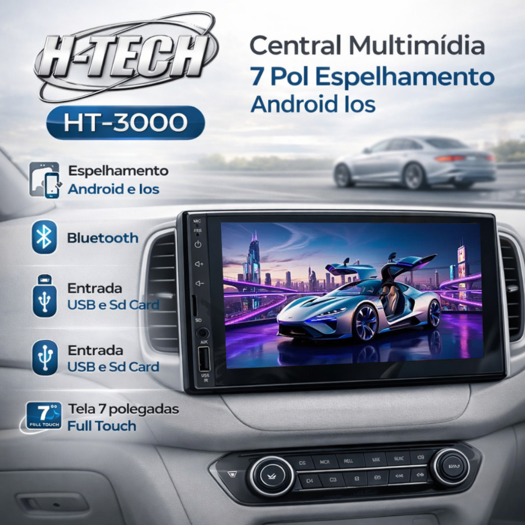 Central Multimidia 7 Pol Espelhamento Android Ios H-Tech HT-3000 2 Din Full Hd Bluetooth Usb Fm Comando Volante em Oferta na Shopee