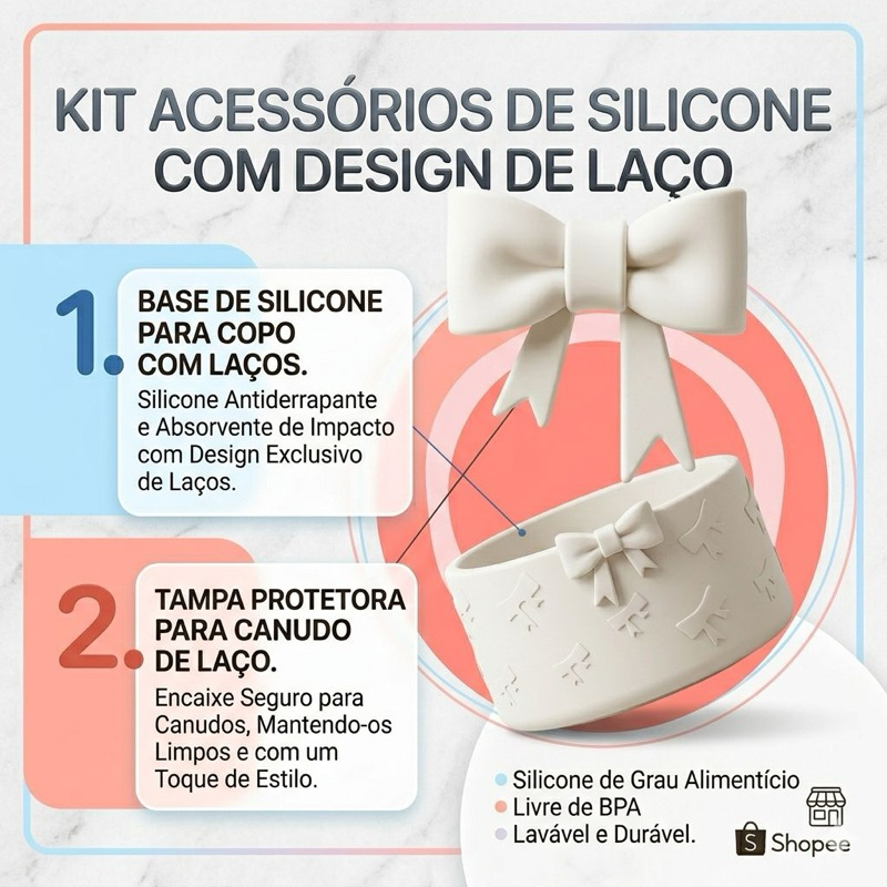 Kit 2 pçs Laço de Silicone Base laço + Tampa de Canudo laço Decorativo para copo térmico