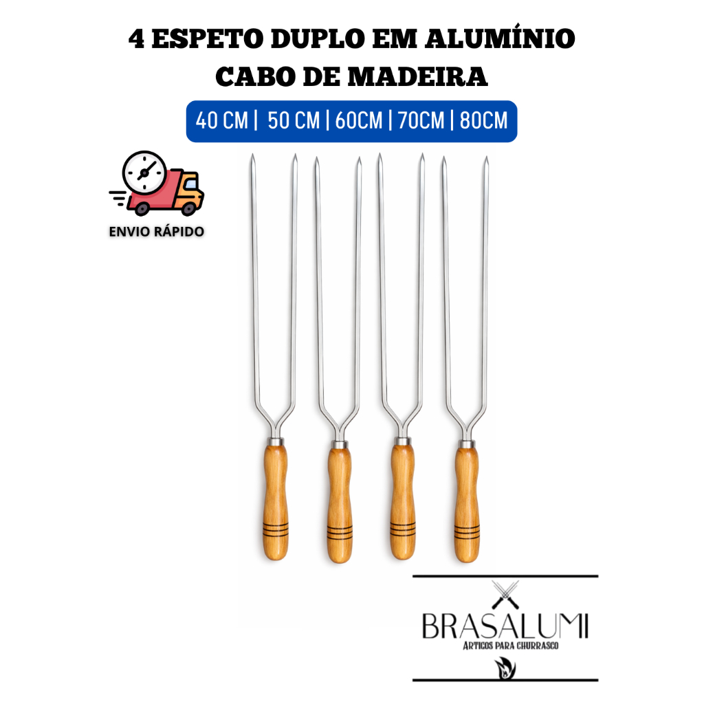 kit 4 espetos duplos para churrasco em alumínio cabo de madeira