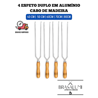 kit 4 espetos duplos para churrasco em alumínio cabo de madeira