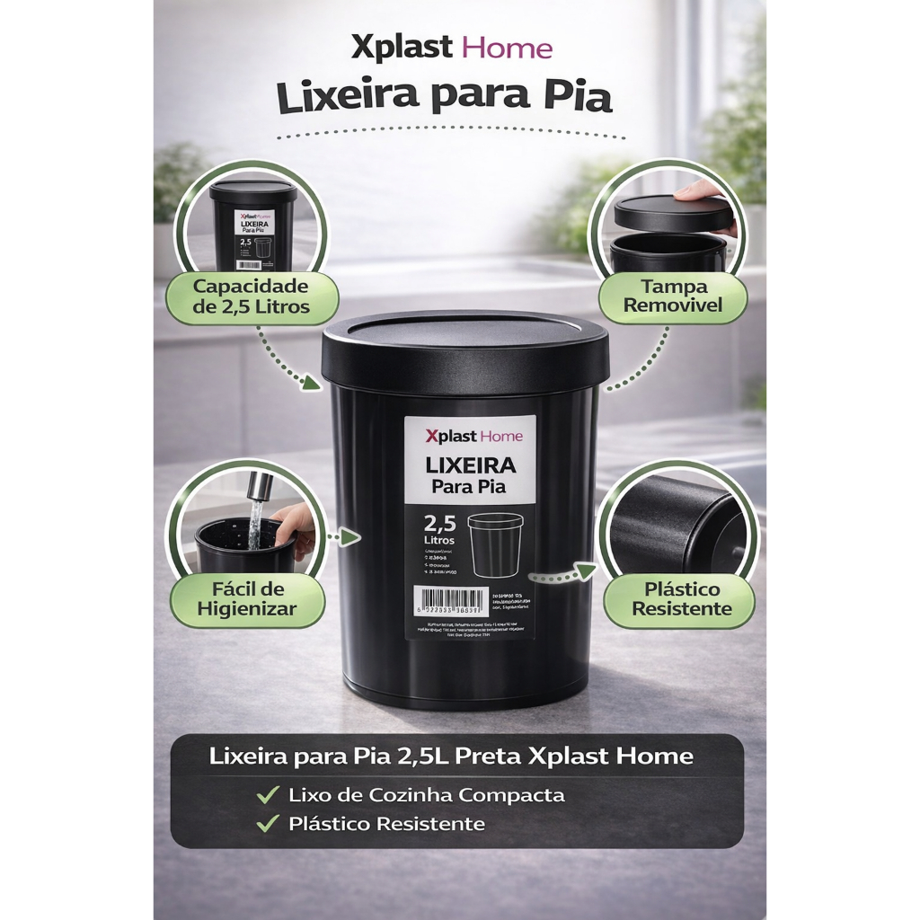 Lixeira para Pia 2,5L Preta Xplast Home | Lixo de Cozinha Compacta | Plástico Resistente