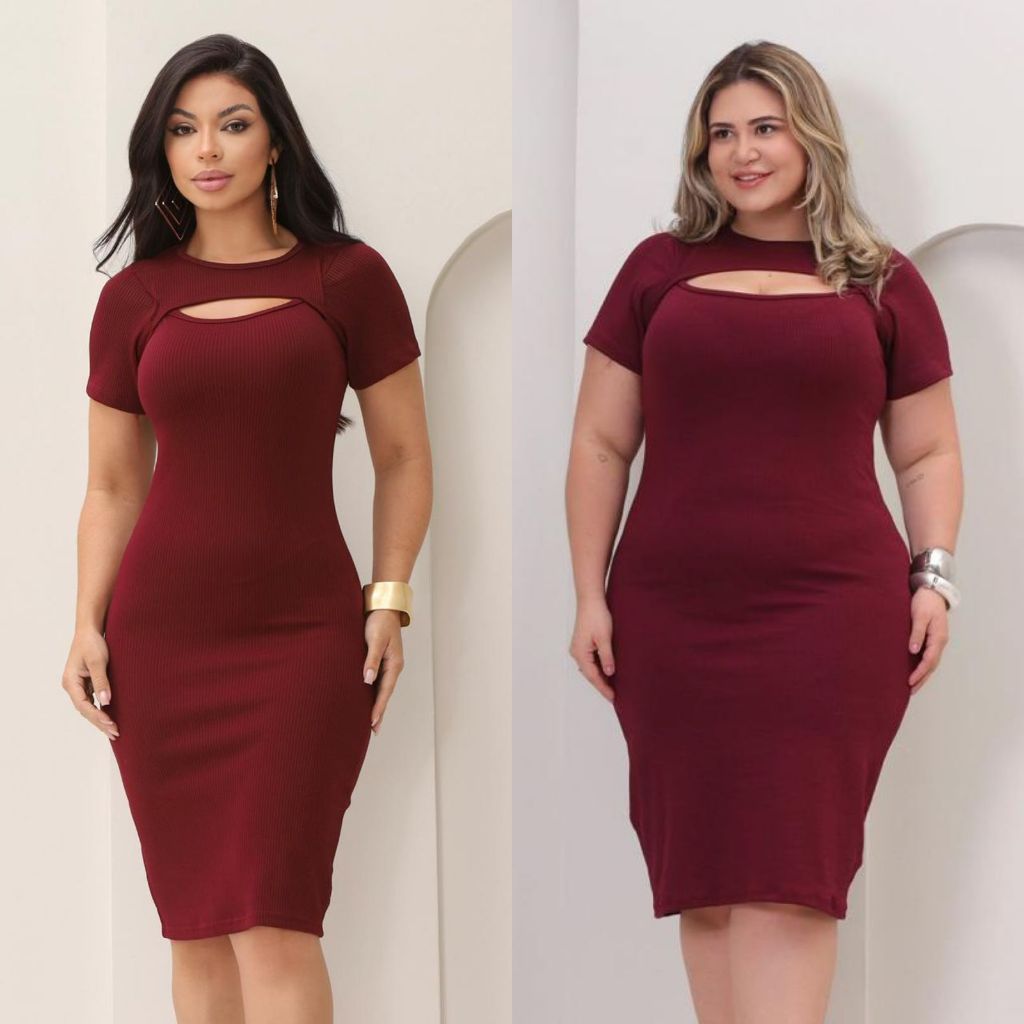 Vestido Feminino  Plus Size Manga Curta Casual Canelado Premium  Decote Vazado GG G1 e G2