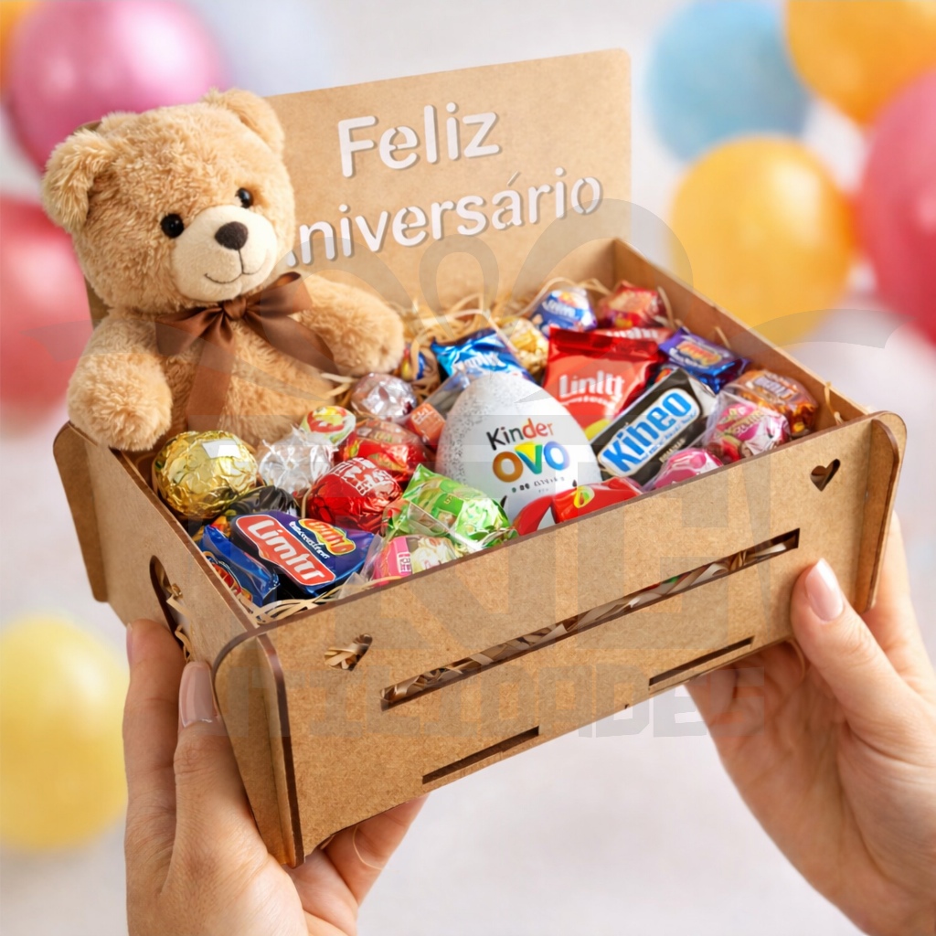 Cesta Para Presentes - Em MDF 2.8MM cru / 17x17x7CM - Escrita FELIZ ANIVERSÁRIO - Presente / Decoração / Lembrancinha