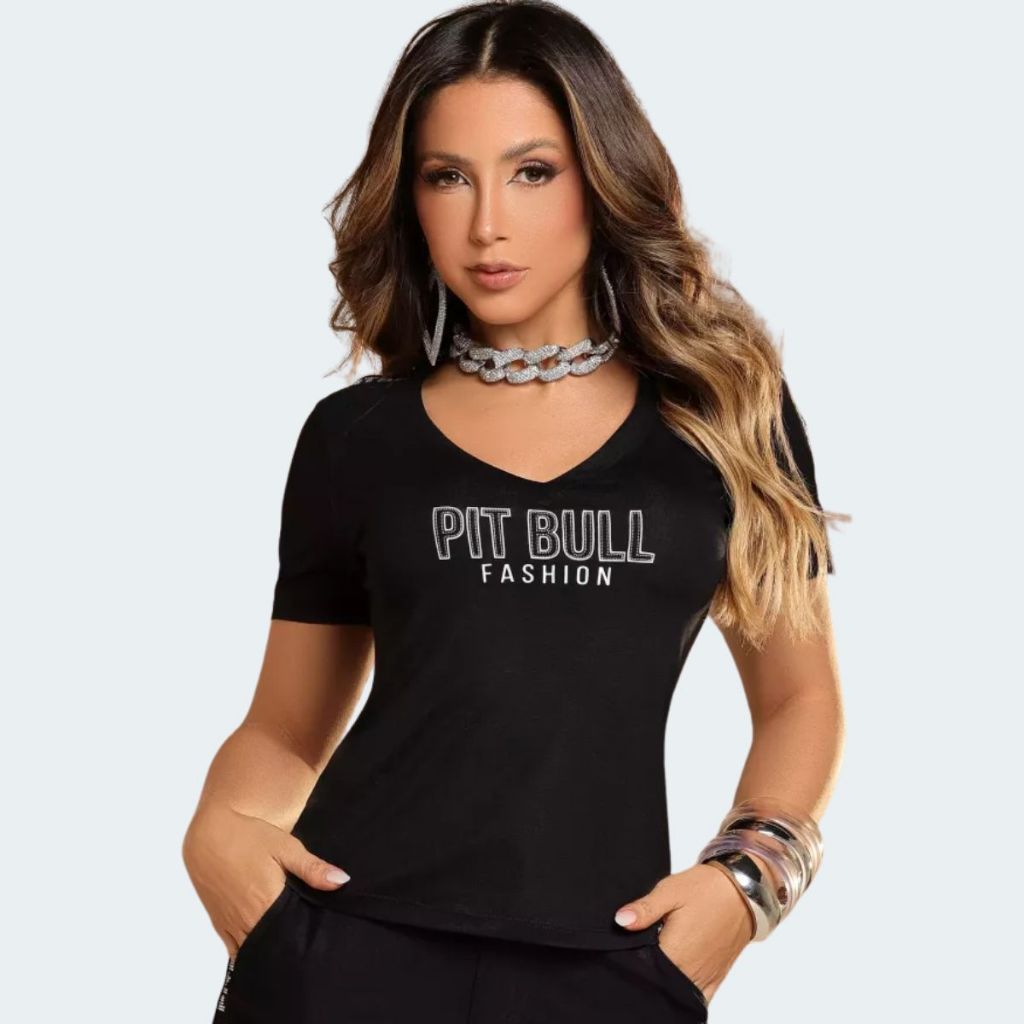Camiseta feminina pit bull jeans, blusa feminina pit bull jeans, t-shirt feminina slin confortável com logo original.