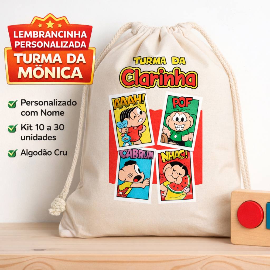 Saquinho Personalizado Turma da Mônica Algodão Cru Lembrancinha Festa Infantil Aniversário Sacolinha Personalizada Kit