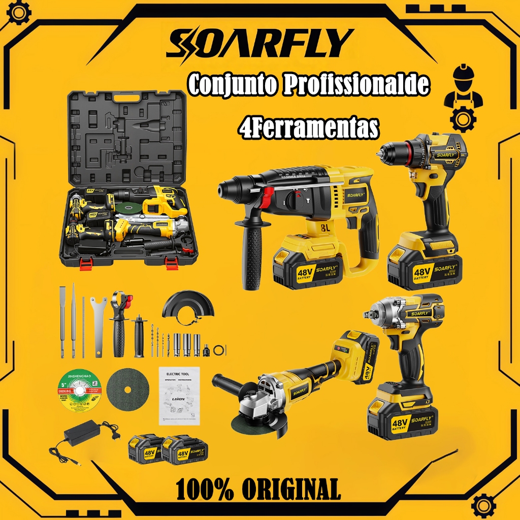 Kit Profissional 4 em 1 48V: Furadeira, Chave de Impacto, Esmerilhadeira, Parafusadeira + 2 Baterias em Oferta na Shopee