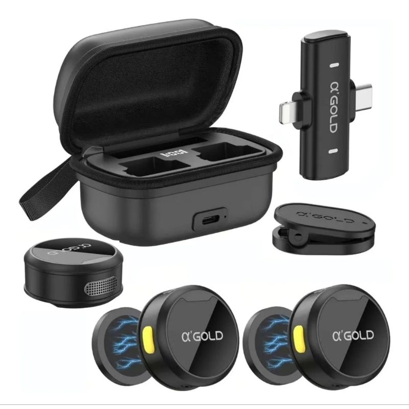 Microfone Sem Fio de Lapela 2 em 1 Tipo C e Lightning p/ Android e Iphone Profissional A’Gold MCF-38