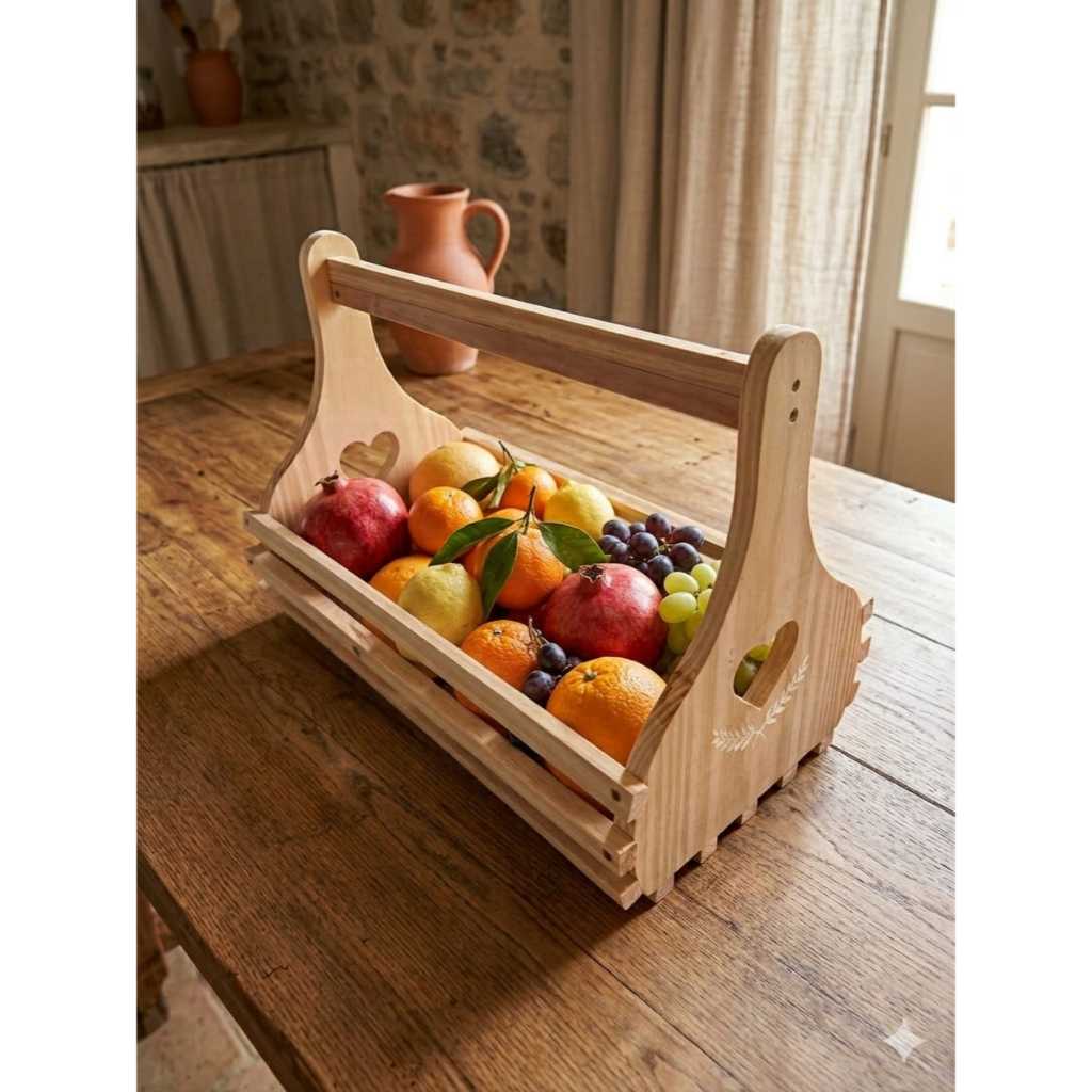 Fruteira rústica de madeira maciça tratada alça mesa, sem verniz