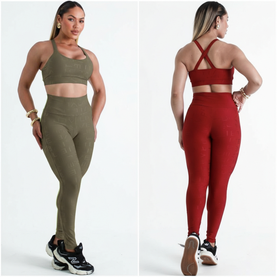 Conjunto Fitness Feminino Academia Legging Cintura Alta + Top Cruzado Modelador Sem Transparência Veste 36 ao 44