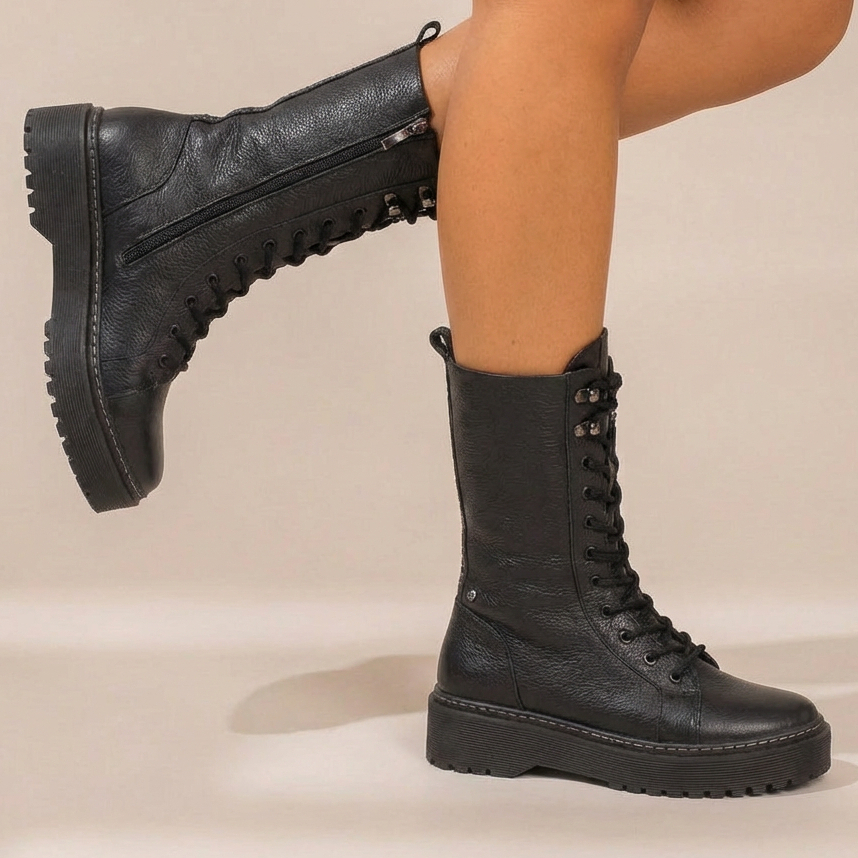 Coturno Feminino Vittal Aurora em Couro Legitimo Cano Alto Preto