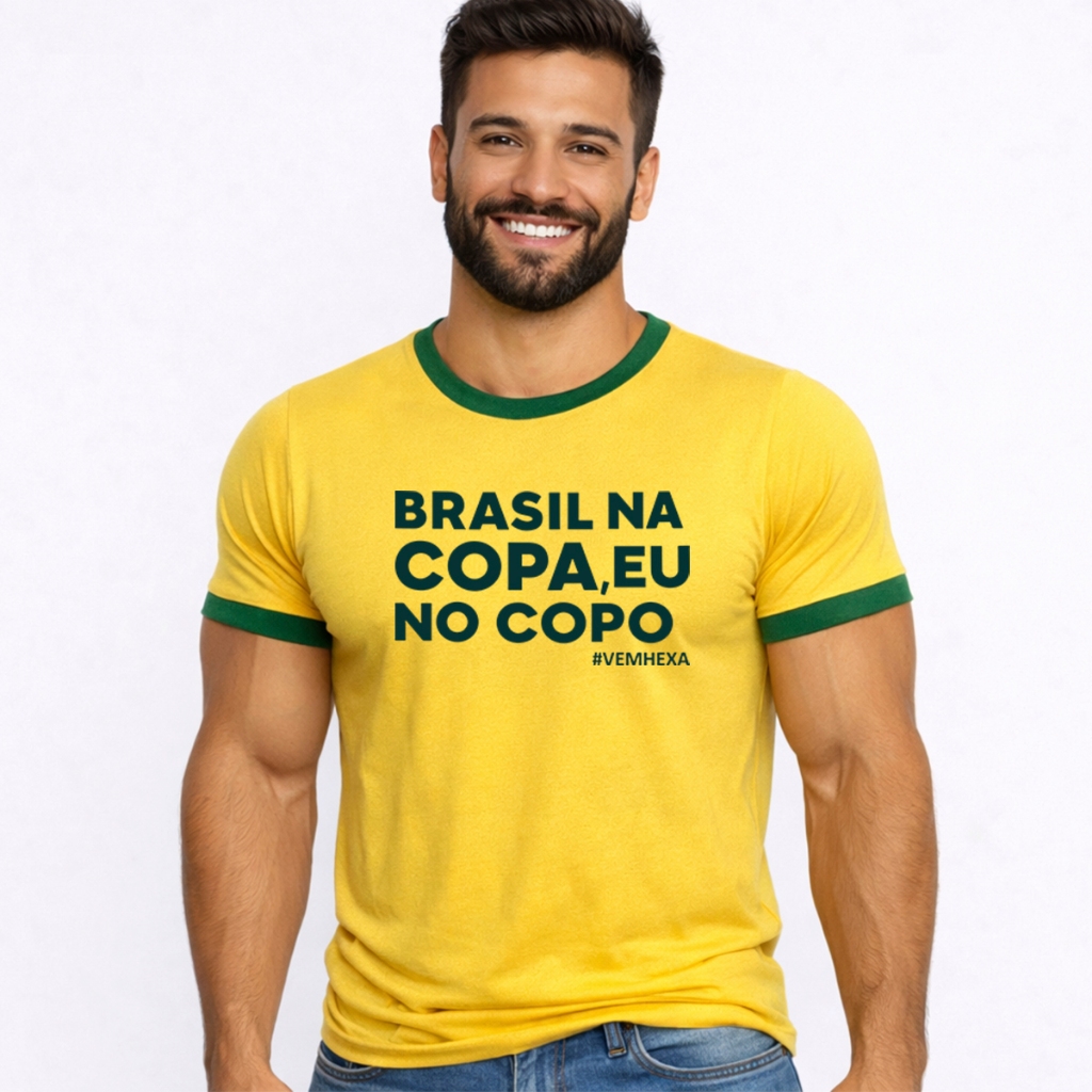 Camiseta Masculina Torcida Futebol Copa do Mundo Estilo Casual Estampa Brasil Na Copa, Eu No Copo