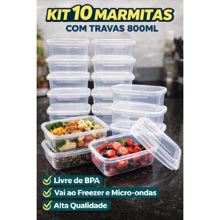Kit 10 Marmitas Travas 800ml Potes Plástico Transparente | Freezer Microondas em Oferta na Shopee
