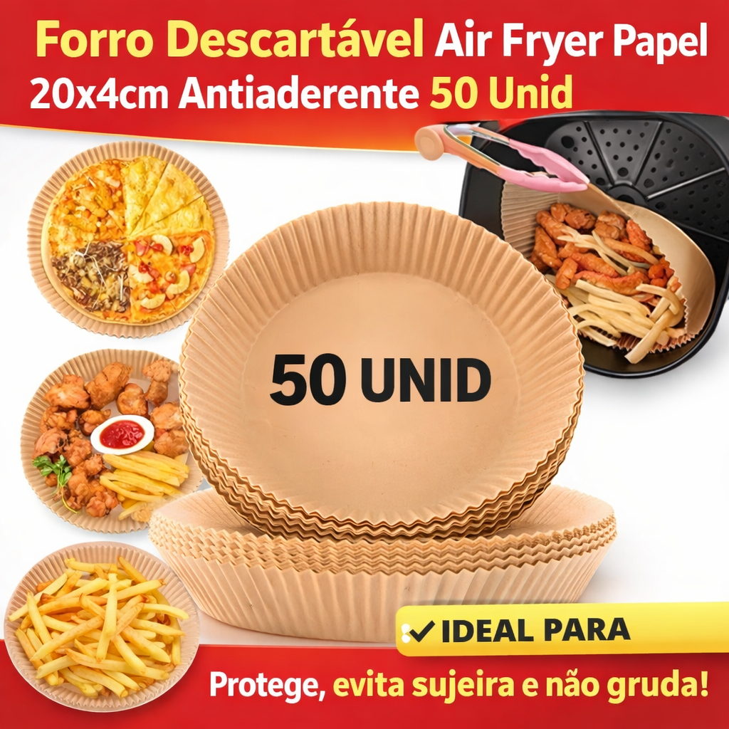 Forro Air Fryer Papel Manteiga Descartável Forno Forma Antiaderente 20x4 Fritadeira 50 Und + BRINDE