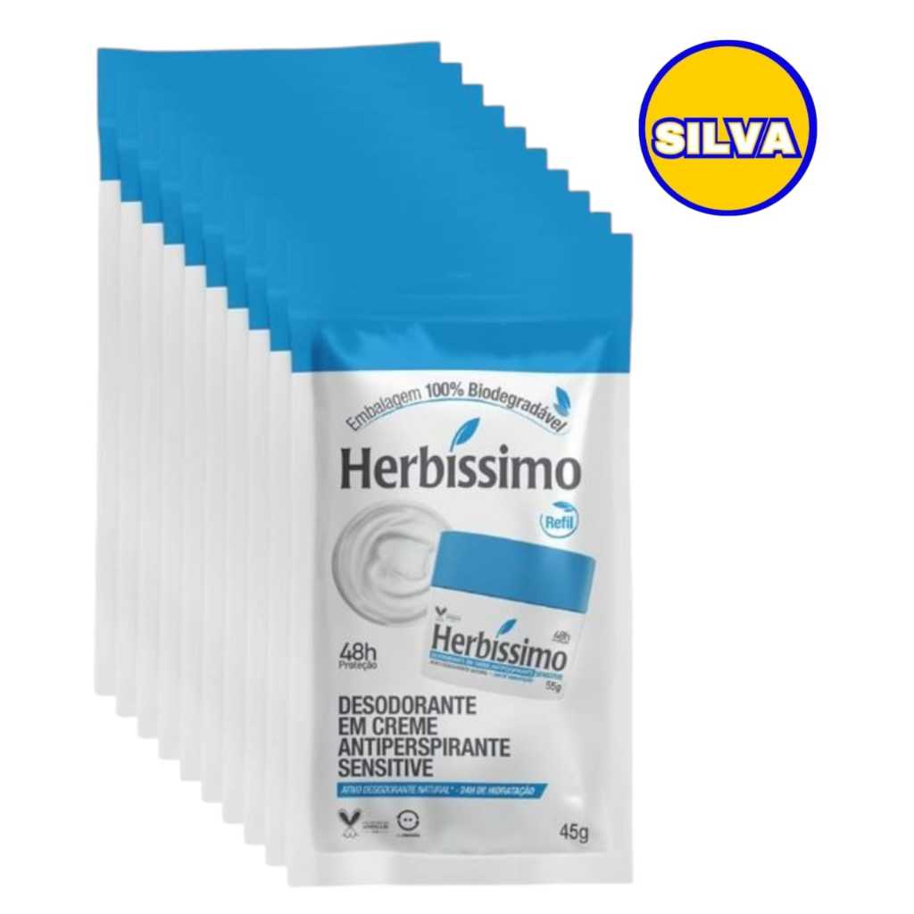 Kit c/ 10 unidades Sachê Refil Desodorante Creme Antitranspirante Herbíssimo Sensitive 45G