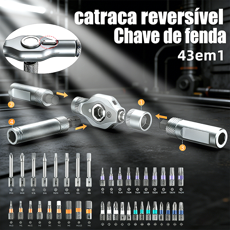 Kit 43 em 1 Pç Jogo Chave Fenda Catracada Bits Soquetes Sextavado