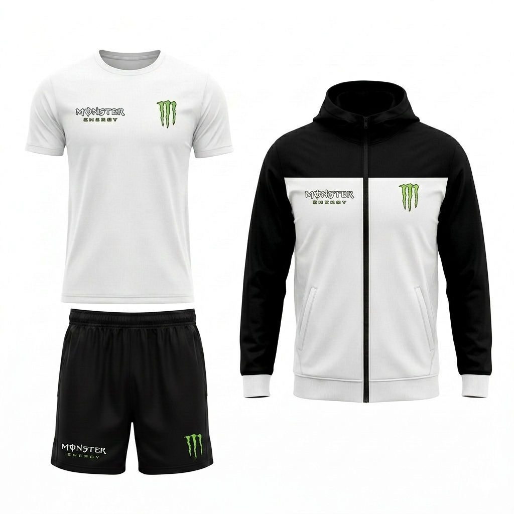 Kit Esportivo Masculino 3 Peças Monster Energy Camiseta Dry Fit + Corta Vento + Short Tactel Academia Treino Corrida