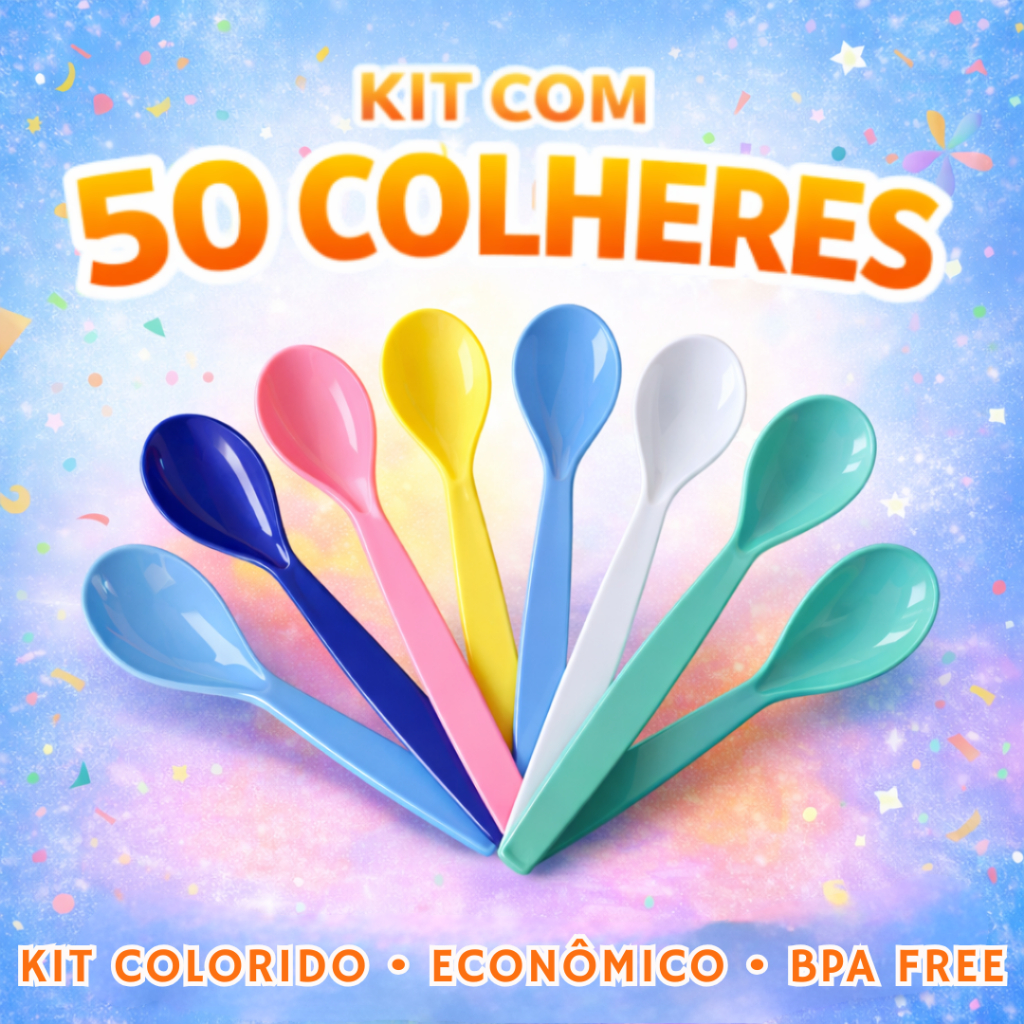 Kit 50 Colheres Plásticas Reutilizáveis Coloridas Sobremesa Festa Escolar Resistente em Oferta na Shopee
