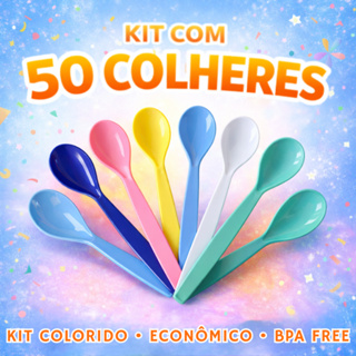 Kit 50 Colheres Plásticas Reutilizáveis Coloridas Sobremesa Festa Escolar Resistente em Oferta na Shopee