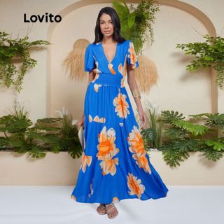 Lovito Bossa l Vestido Longo Viscose Com Decote V e Mangas Curta Estampa Flores  DRB1062BRL1092